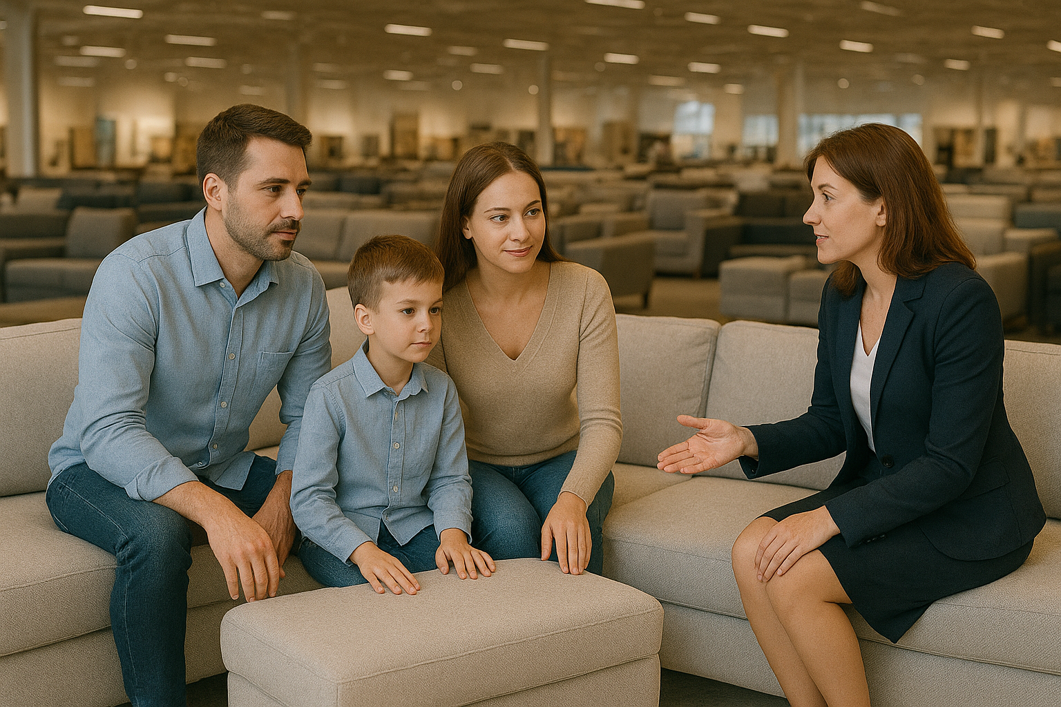 Семья выбирает диван для ежедневного сна в мебельном магазине Мебель Лотус